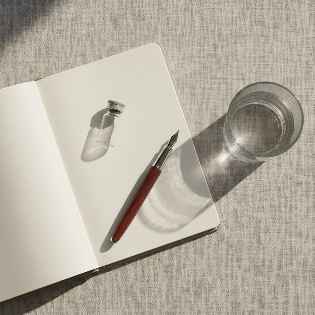 Small peptide vial, open notebook, and water glass in a quiet morning workspace